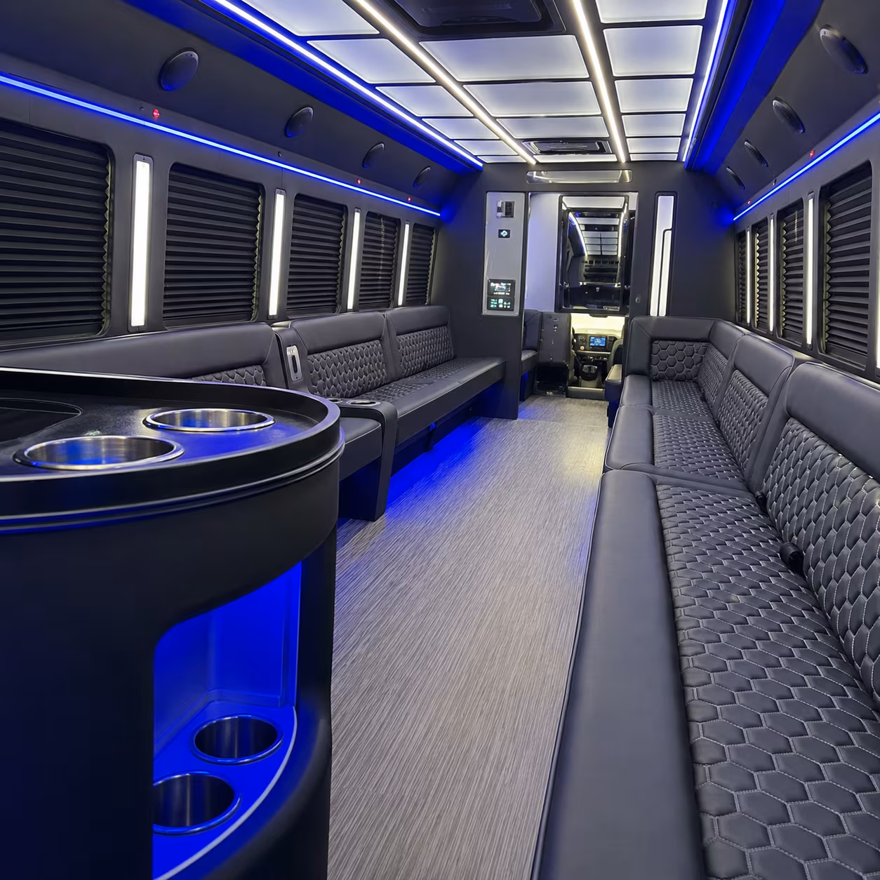 Group beside a Mercedes Sprinter limo in Montgomery